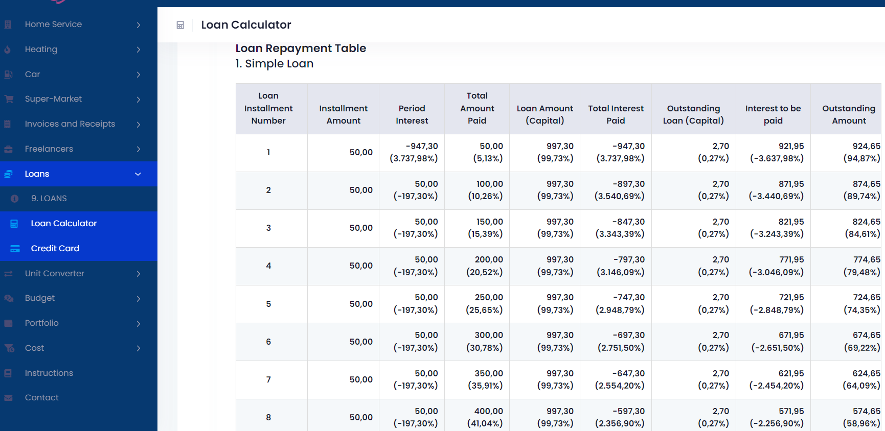 Loan calculator screenshot